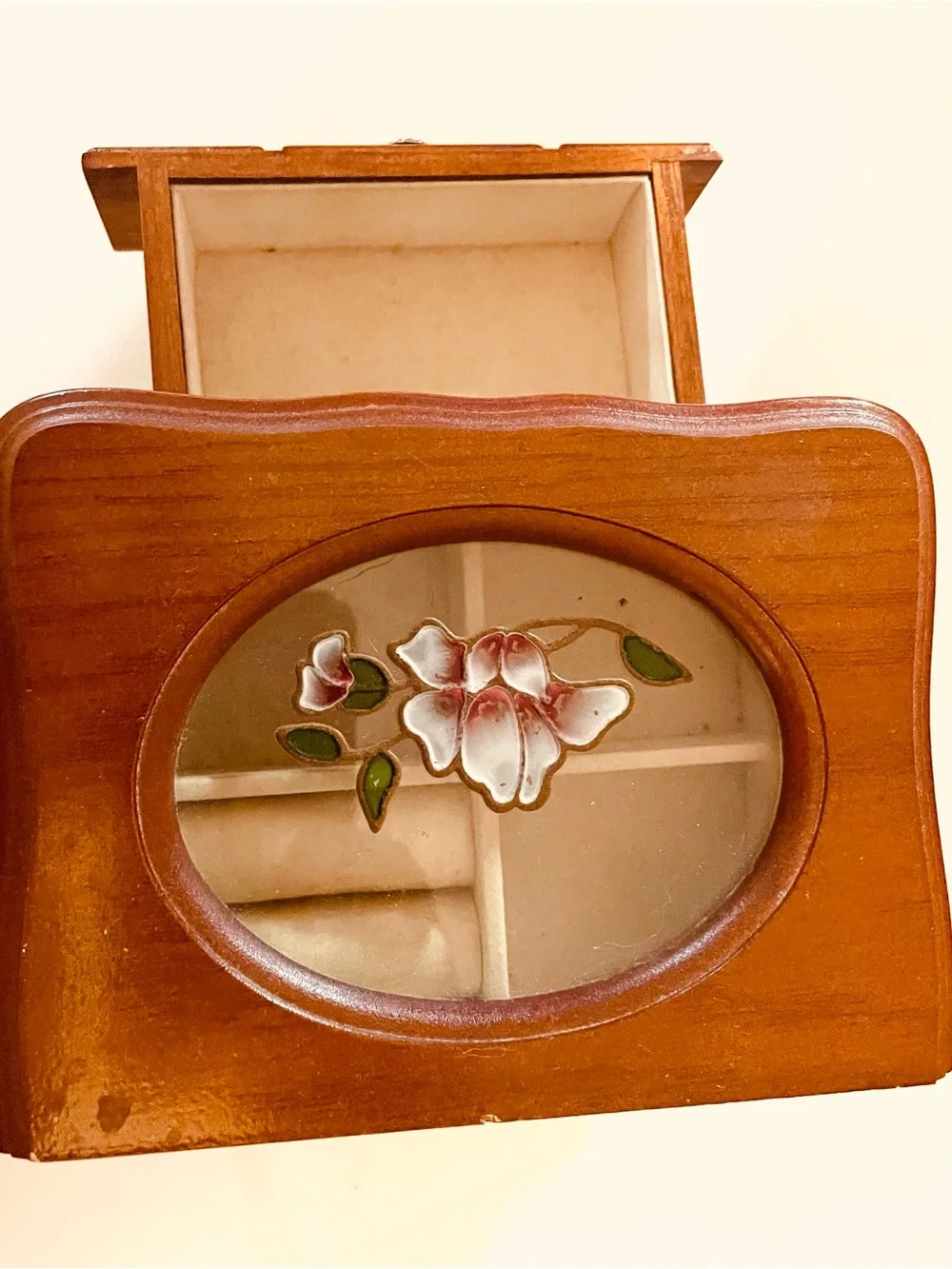 Vintage Jewelry Box with Floral Mirror - Brown